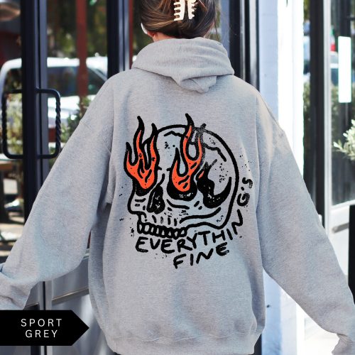 Everything’s Fine Skull Hoodie – Retro Grunge Skeleton Sweatshirt, Vintage Oversized Graphic Hoodie, Trendy Unisex Pullover - Image 2
